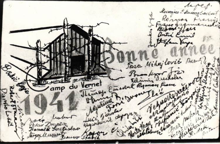 Dopisnica iz logora Verne sa potpisima Samuela Lerera, Velimira Drekslera, Roberta Domanija i Jakoba Baruha 1941_ Foto - Arhiv Jevrejskog istorijskog muzeja.jpg